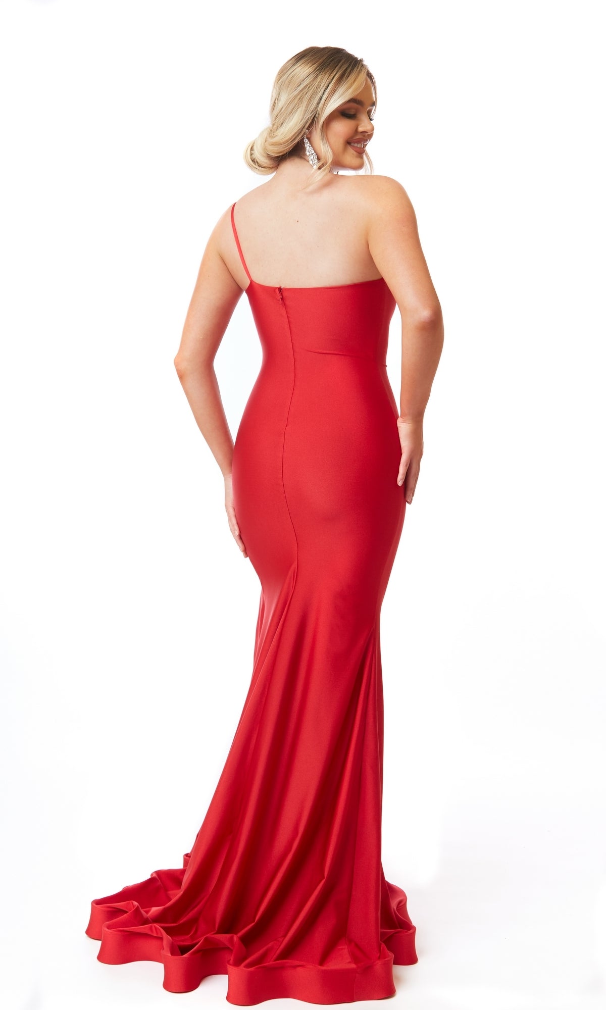 A woman stands facing away against a white background, wearing the Atria One-Shoulder Long Formal Dress 6720H—a fitted, floor-length red formal gown.
